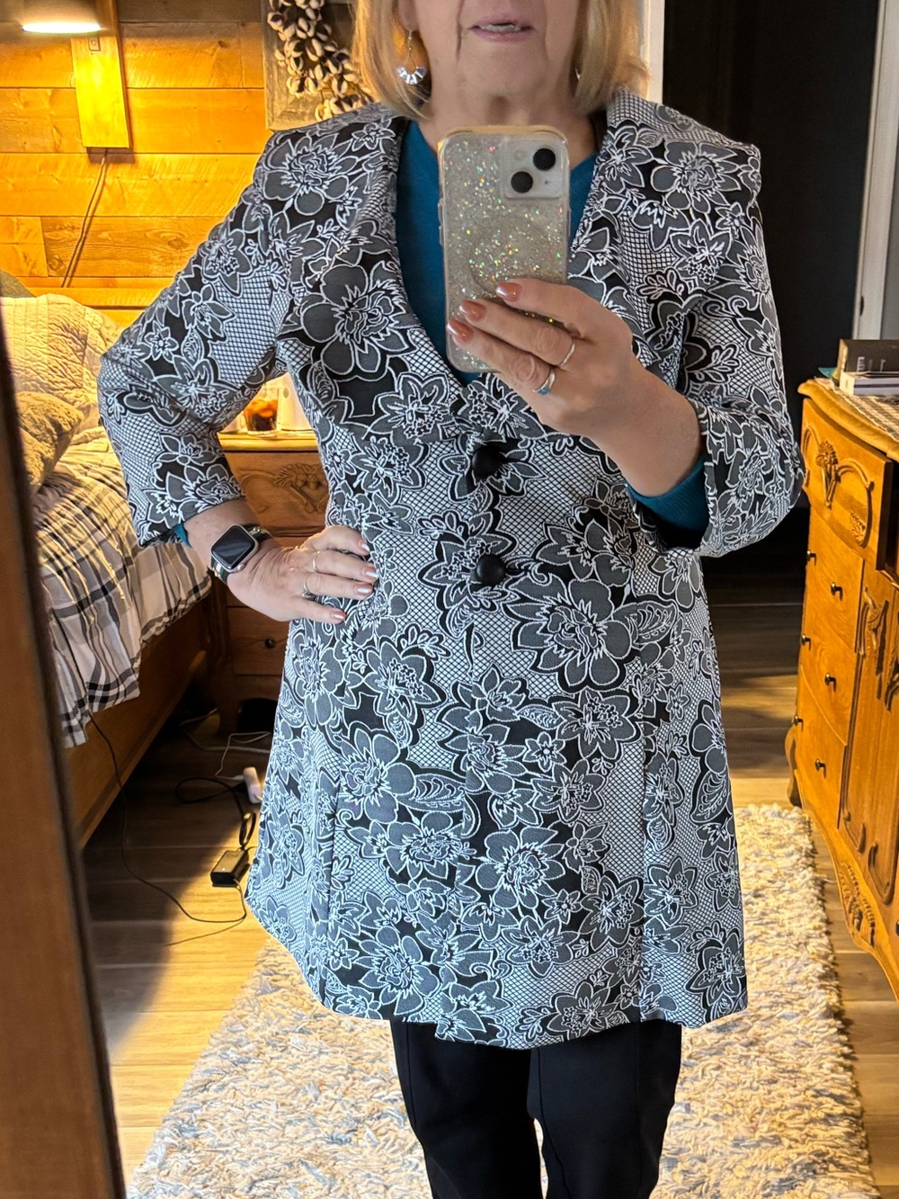 Peter Nygard Black and White Floral Trim Jacket